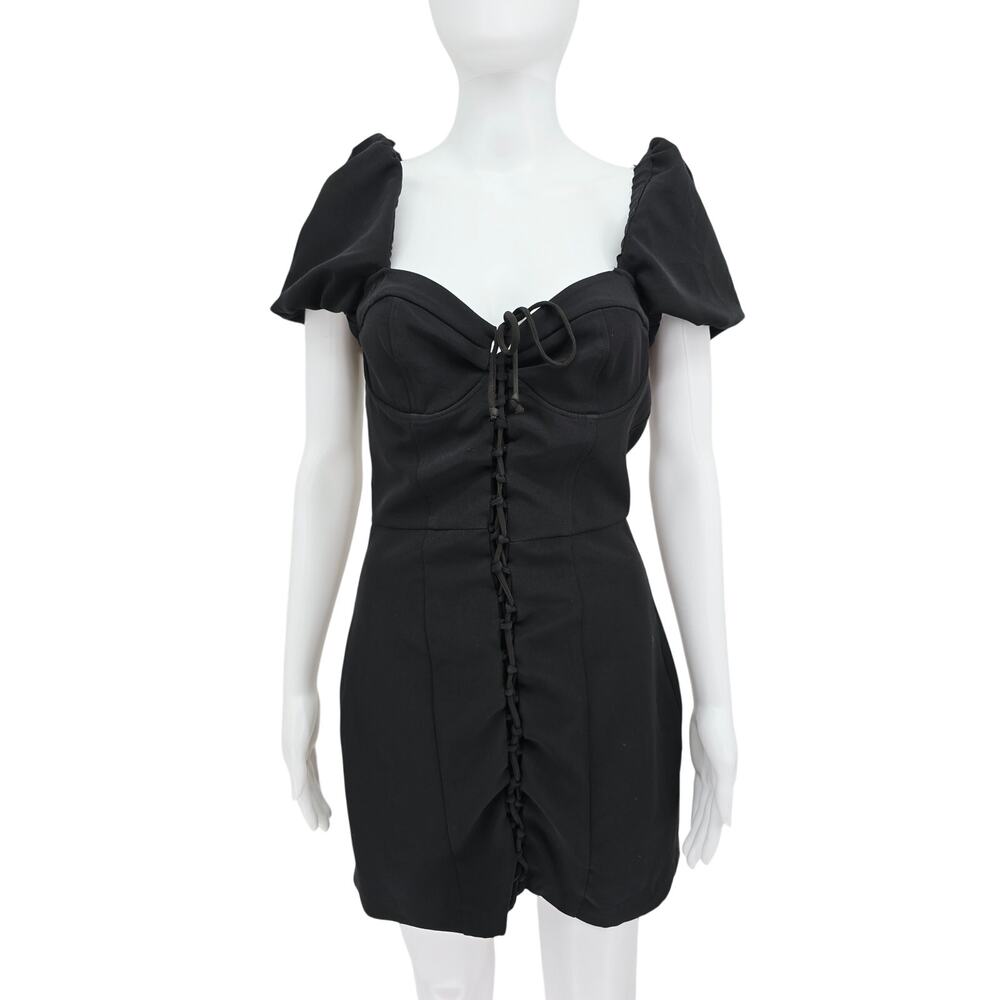 Zara Lace Up Corset Puff Sleeve Mini Dress Black M New